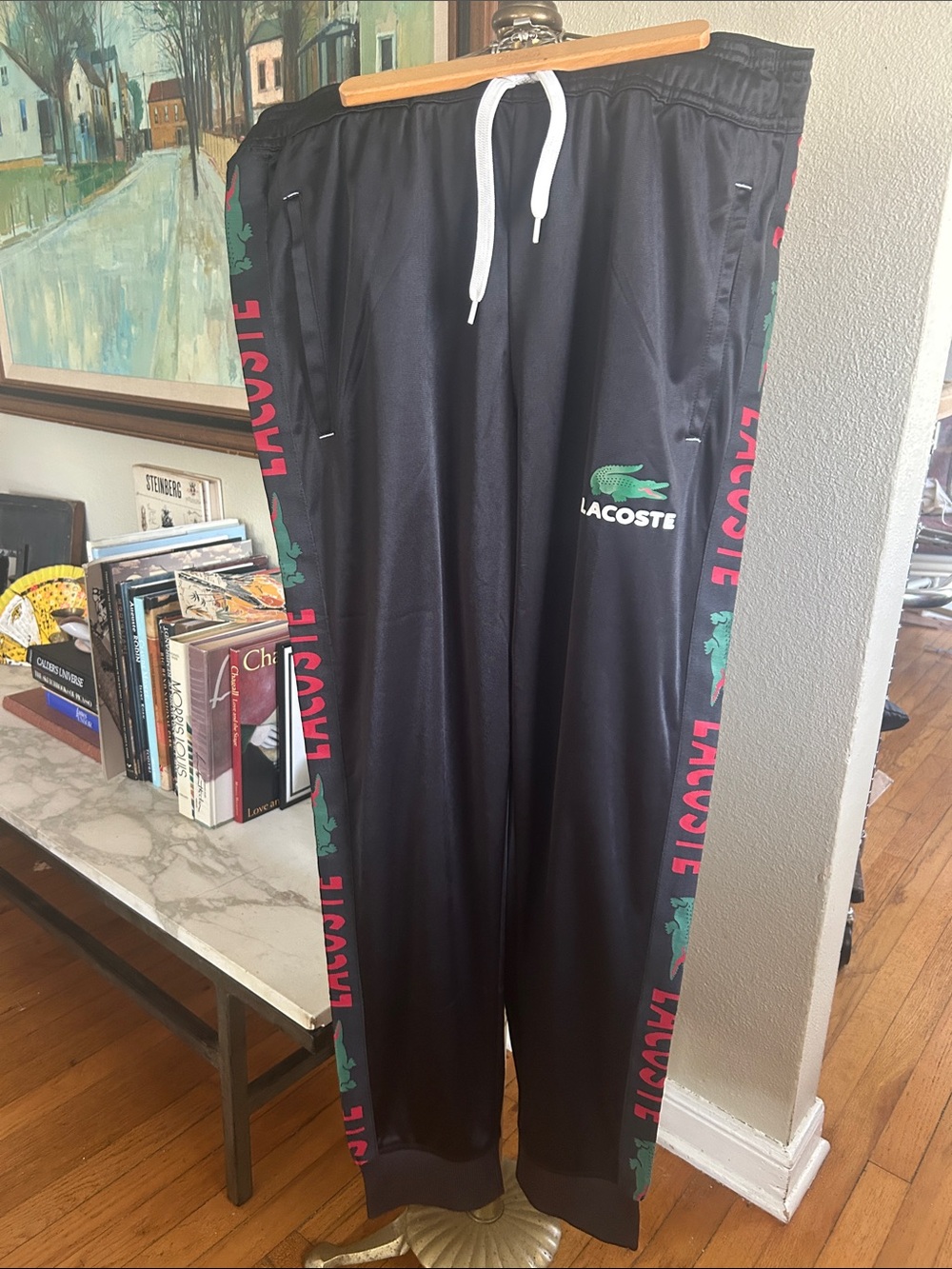 Lacoste Black Sweatpants with Green Crocodile and Red Side Logo Tape